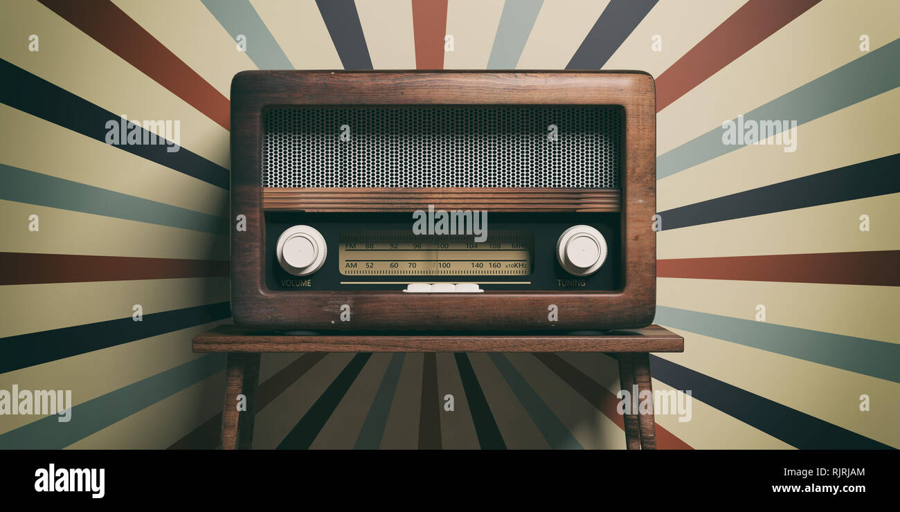 Vintage, Retro Radio. Radio altmodisch auf Holztisch, altmodisch Wand Hintergrund, 3 Abbildung d Stockfoto