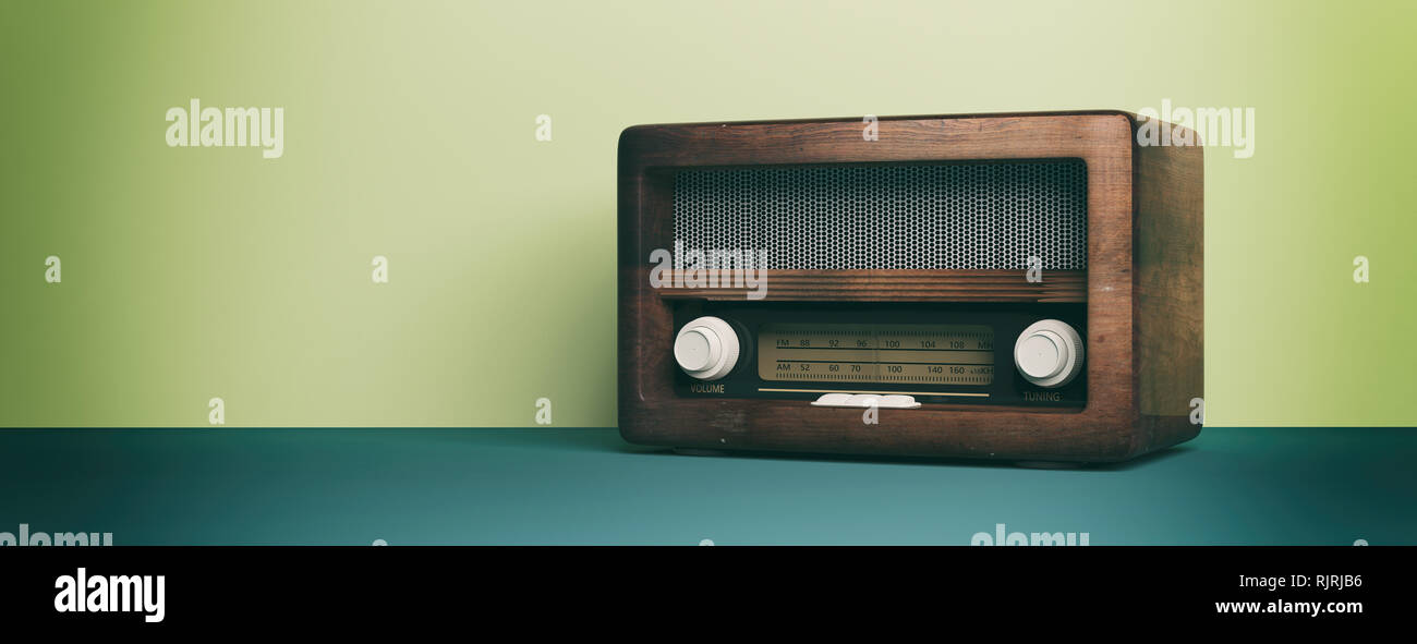 Vintage, Retro Radio. Radio altmodisch auf Grün pastell Wand Hintergrund, Banner. 3D-Darstellung Stockfoto
