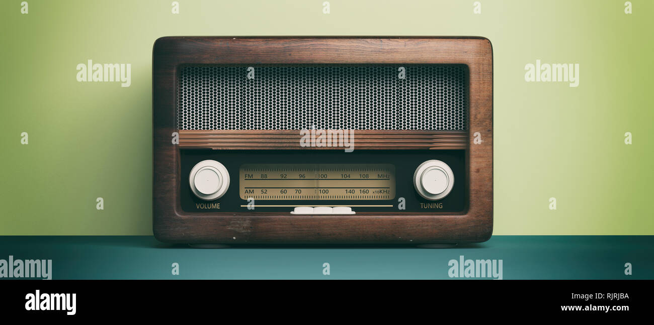 Vintage, Retro Radio. Radio altmodisch auf Grün pastell Wand Hintergrund. 3D-Darstellung Stockfoto