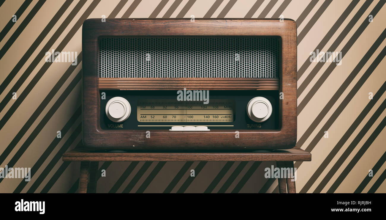 Vintage, Retro Radio. Radio altmodisch auf Holztisch, altmodisch Wand Hintergrund, 3 Abbildung d Stockfoto
