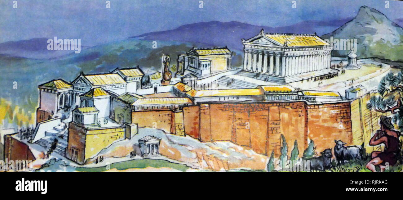 Abbildung aus einem Lexikon, das antike Athen mit Akropolis. ca. 1947. Perikles (C. 495 - 429 v. Chr.) Im fünften Jahrhundert v. Chr., der den Bau der wichtigsten Stellen der Site bleibt einschließlich des Parthenon, der Propyläen, das Erechtheion und den Tempel der Athena Nike koordiniert Stockfoto