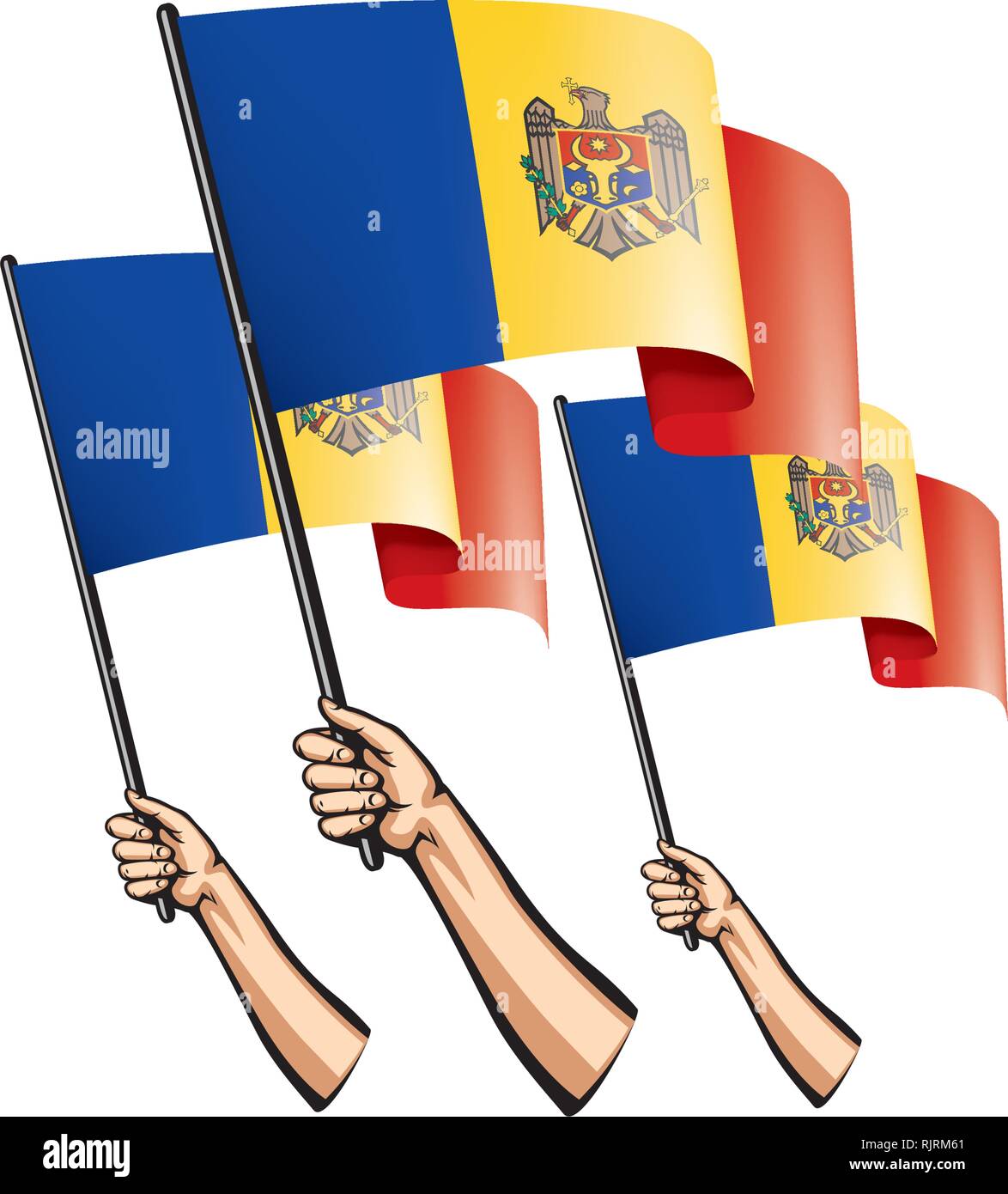 Die Republik Moldau Flagge und Hand auf weißem Hintergrund. Vector Illustration Stock Vektor