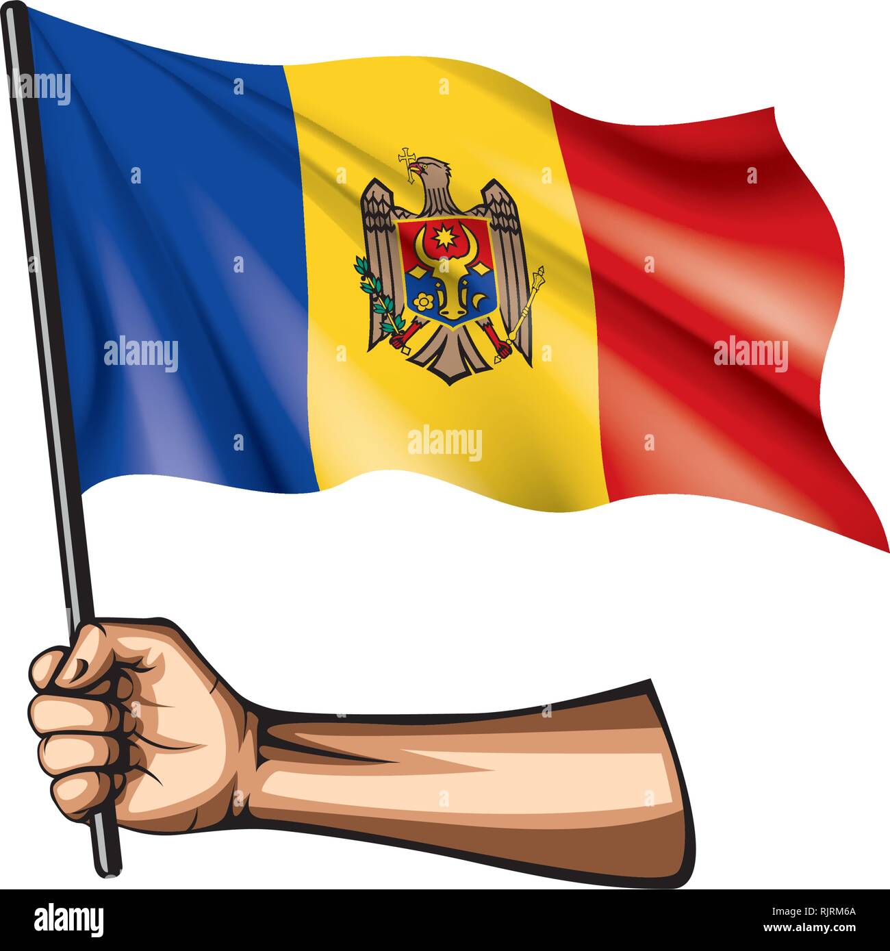 Die Republik Moldau Flagge und Hand auf weißem Hintergrund. Vector Illustration Stock Vektor