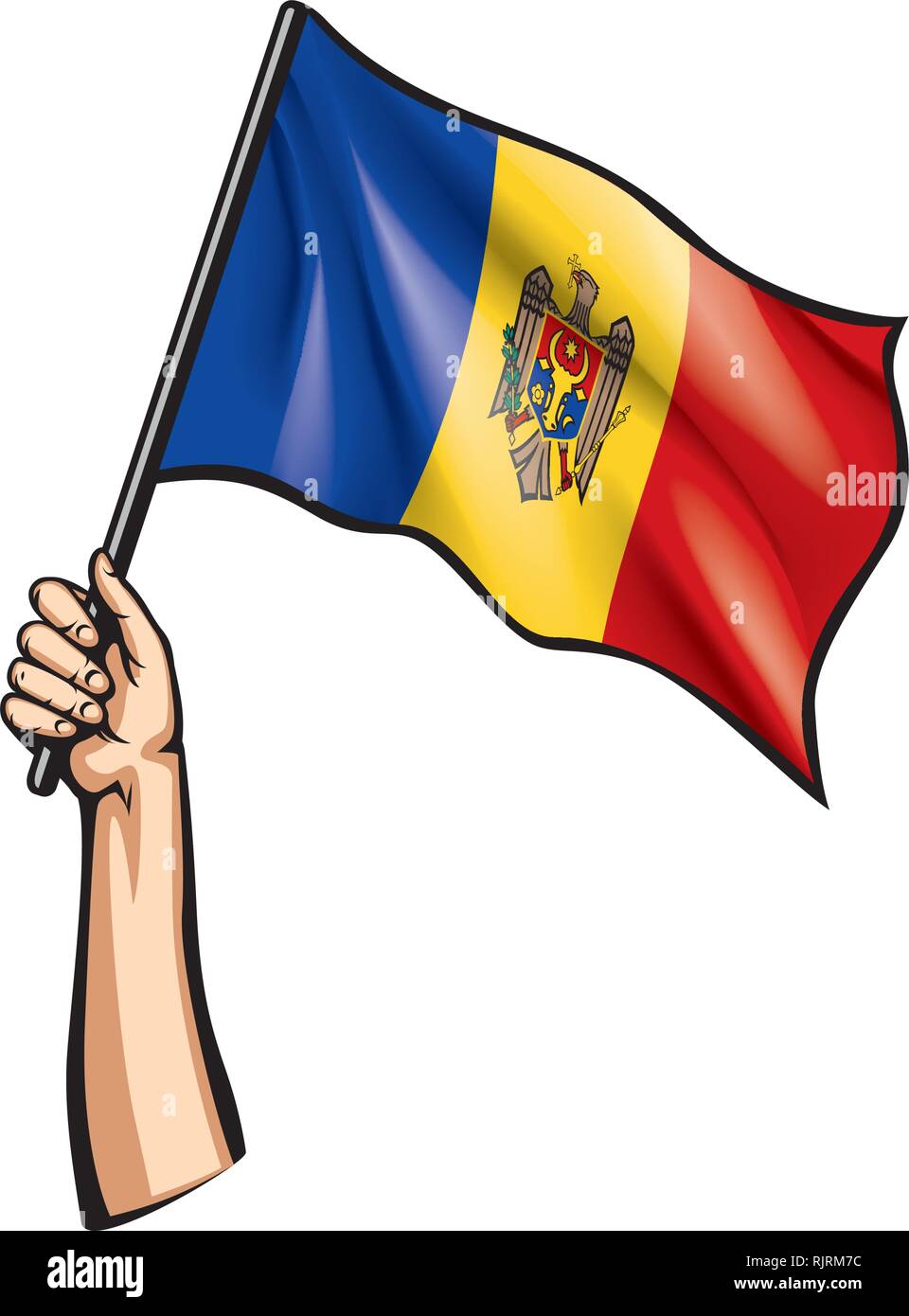 Die Republik Moldau Flagge und Hand auf weißem Hintergrund. Vector Illustration Stock Vektor