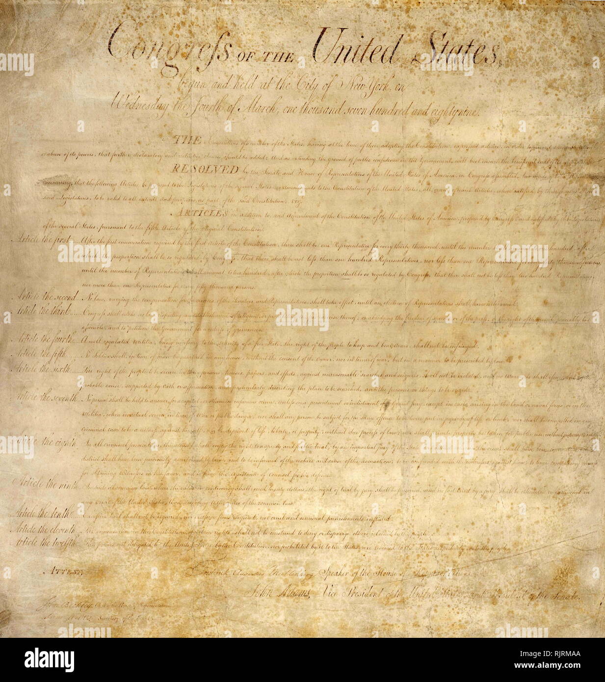 Die Vereinigten Staaten, Bill of Rights; die ersten zehn Änderungen der Verfassung der Vereinigten Staaten. Stockfoto