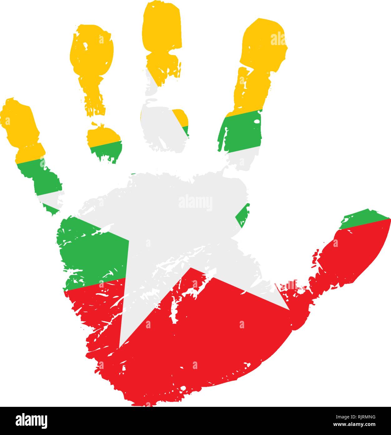 Myanmar Flagge und Hand auf weißem Hintergrund. Vector Illustration Stock Vektor