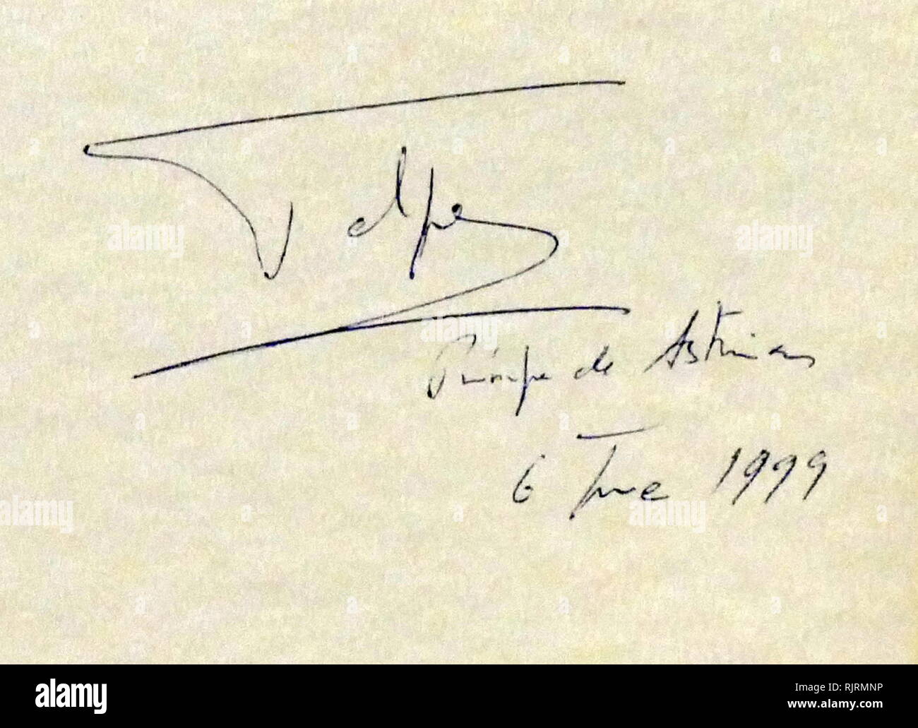 Signatur von Kronprinz Felipe von Spanien (später König Felipe VI, (geboren 1968). Er bestieg den Thron am 19. Juni 2014 nach der Abdankung seines Vaters, König Juan Carlos I. Stockfoto