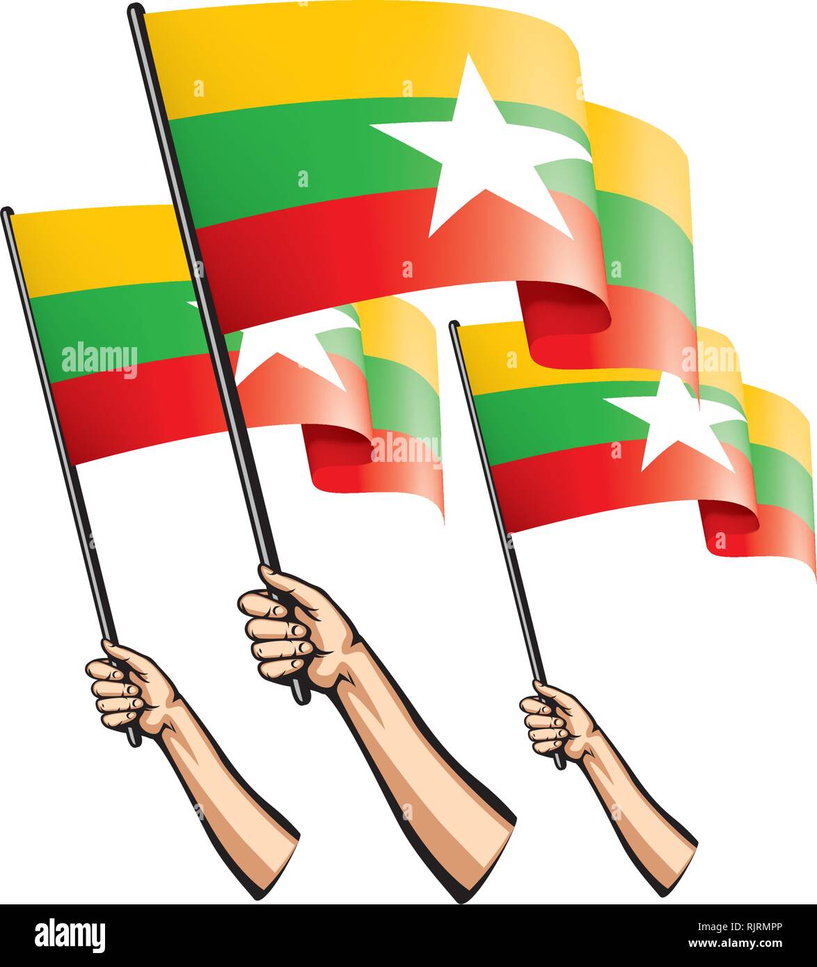 Myanmar Flagge und Hand auf weißem Hintergrund. Vector Illustration Stock Vektor