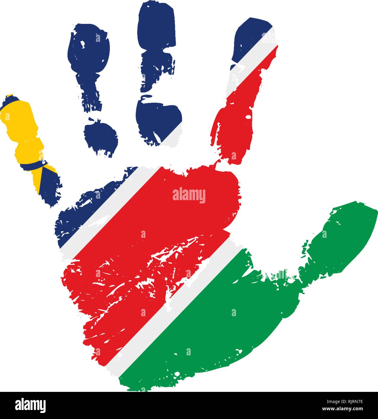 Namibia Flagge und Hand auf weißem Hintergrund. Vector Illustration Stock Vektor