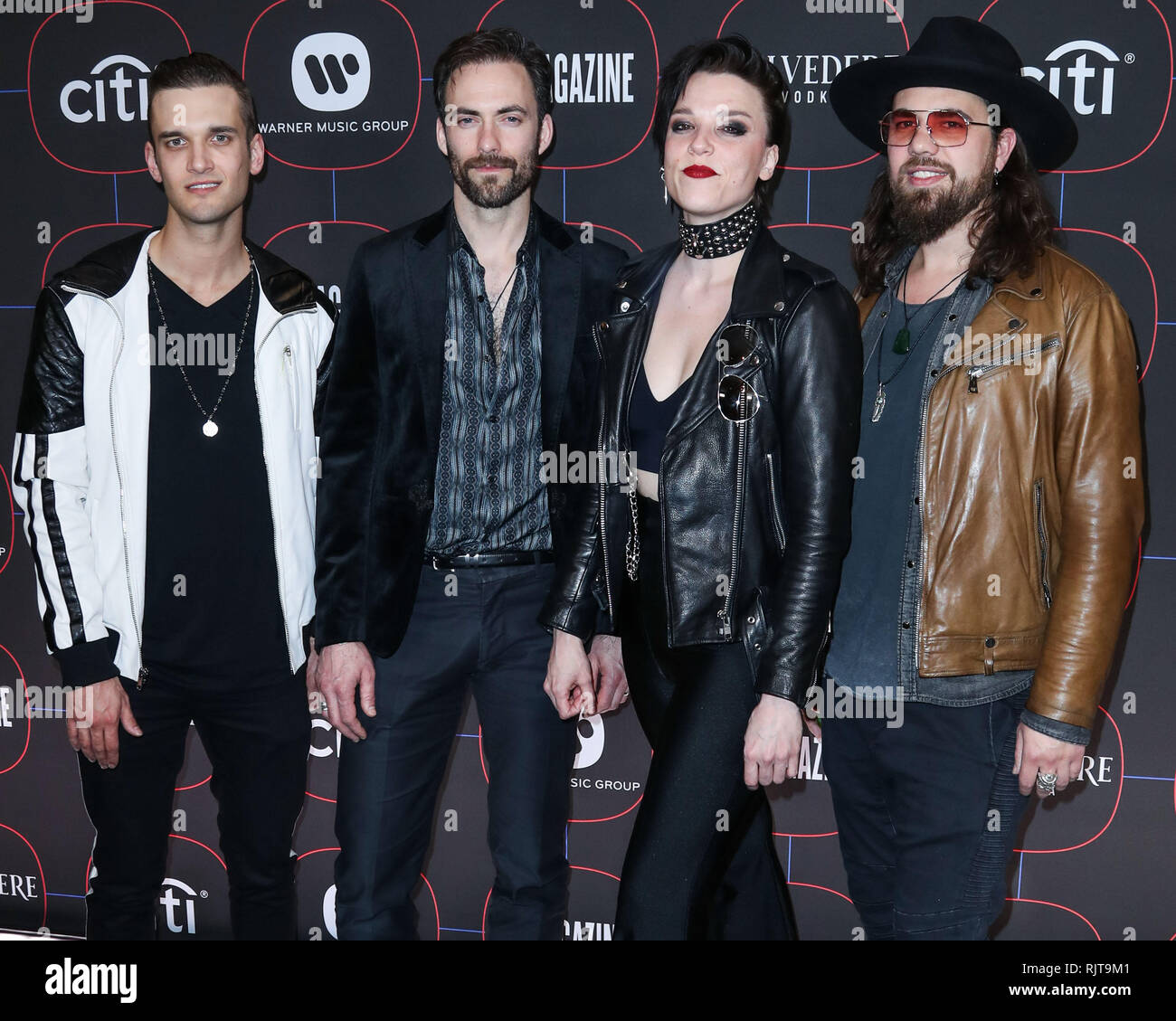 LOS ANGELES, Ca, USA - 07 Februar: Lzzy Hale, Arejay Hale, Joe Hottinger und Josh Smith von Halestorm kommen an der Warner Music Pre-Grammy Party 2019 Am NoMad Hotel Los Angeles am 7. Februar 2019 in Los Angeles, Kalifornien, Vereinigte Staaten. (Foto von Xavier Collin/Image Press Agency) Stockfoto