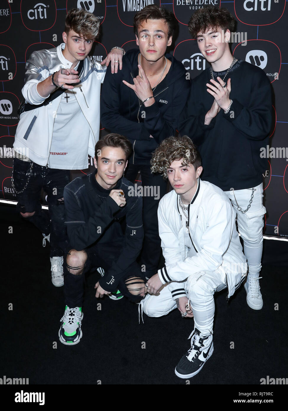 LOS ANGELES, Ca, USA - Februar 07: Daniel Seavey, Jack Avery, Corbyn Besson, Zach Herron und Jona Marais, warum tun wir uns nicht an der Warner Music Pre-Grammy Party 2019 kommen an der NoMad Hotel Los Angeles am 7. Februar 2019 in Los Angeles, Kalifornien, Vereinigte Staaten. (Foto von Xavier Collin/Image Press Agency) Stockfoto