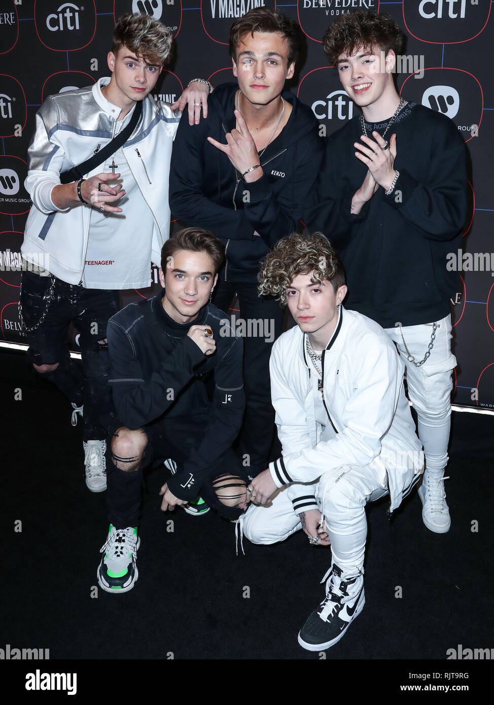 LOS ANGELES, Ca, USA - Februar 07: Daniel Seavey, Jack Avery, Corbyn Besson, Zach Herron und Jona Marais, warum tun wir uns nicht an der Warner Music Pre-Grammy Party 2019 kommen an der NoMad Hotel Los Angeles am 7. Februar 2019 in Los Angeles, Kalifornien, Vereinigte Staaten. (Foto von Xavier Collin/Image Press Agency) Stockfoto