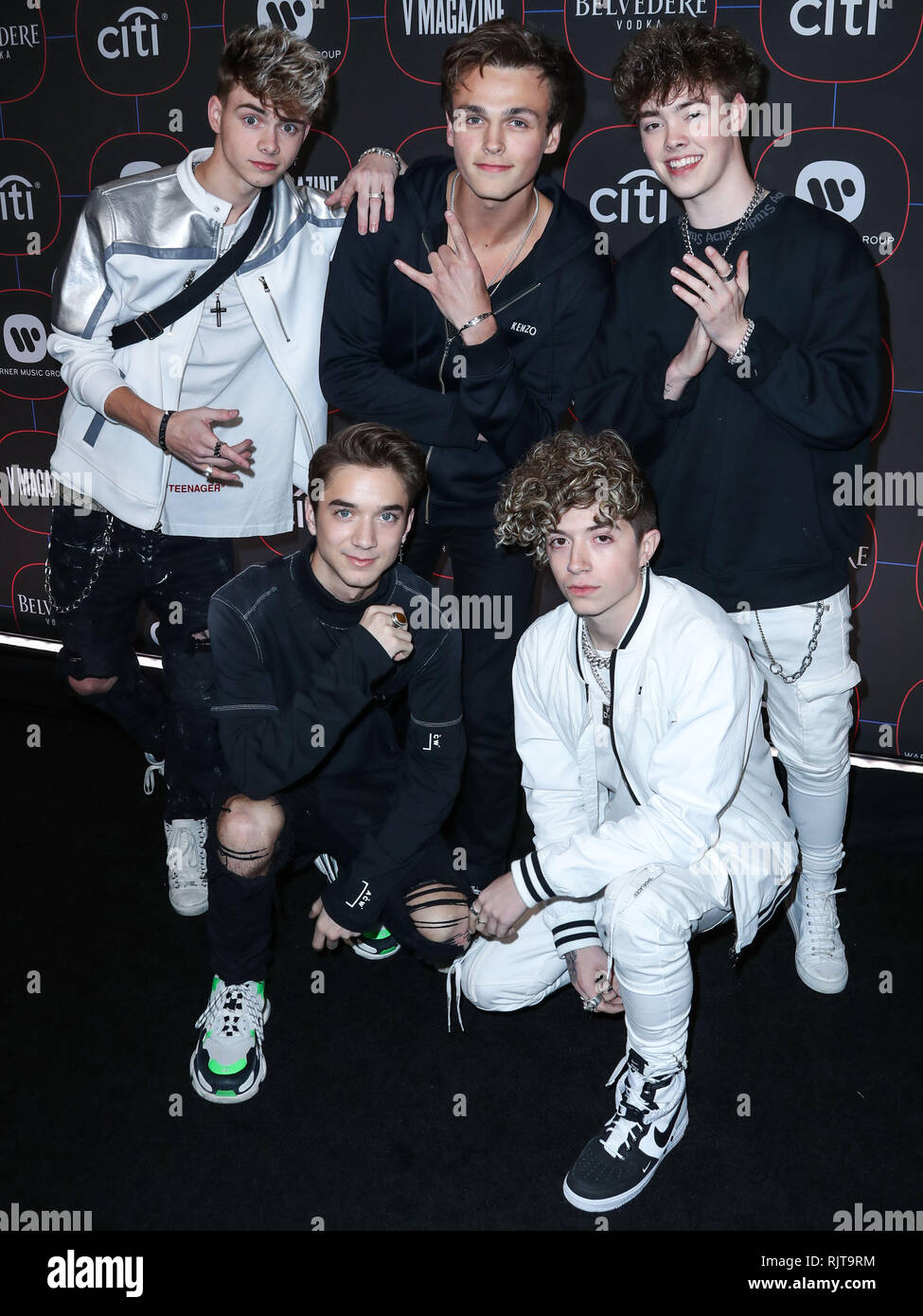 LOS ANGELES, Ca, USA - Februar 07: Daniel Seavey, Jack Avery, Corbyn Besson, Zach Herron und Jona Marais, warum tun wir uns nicht an der Warner Music Pre-Grammy Party 2019 kommen an der NoMad Hotel Los Angeles am 7. Februar 2019 in Los Angeles, Kalifornien, Vereinigte Staaten. (Foto von Xavier Collin/Image Press Agency) Stockfoto