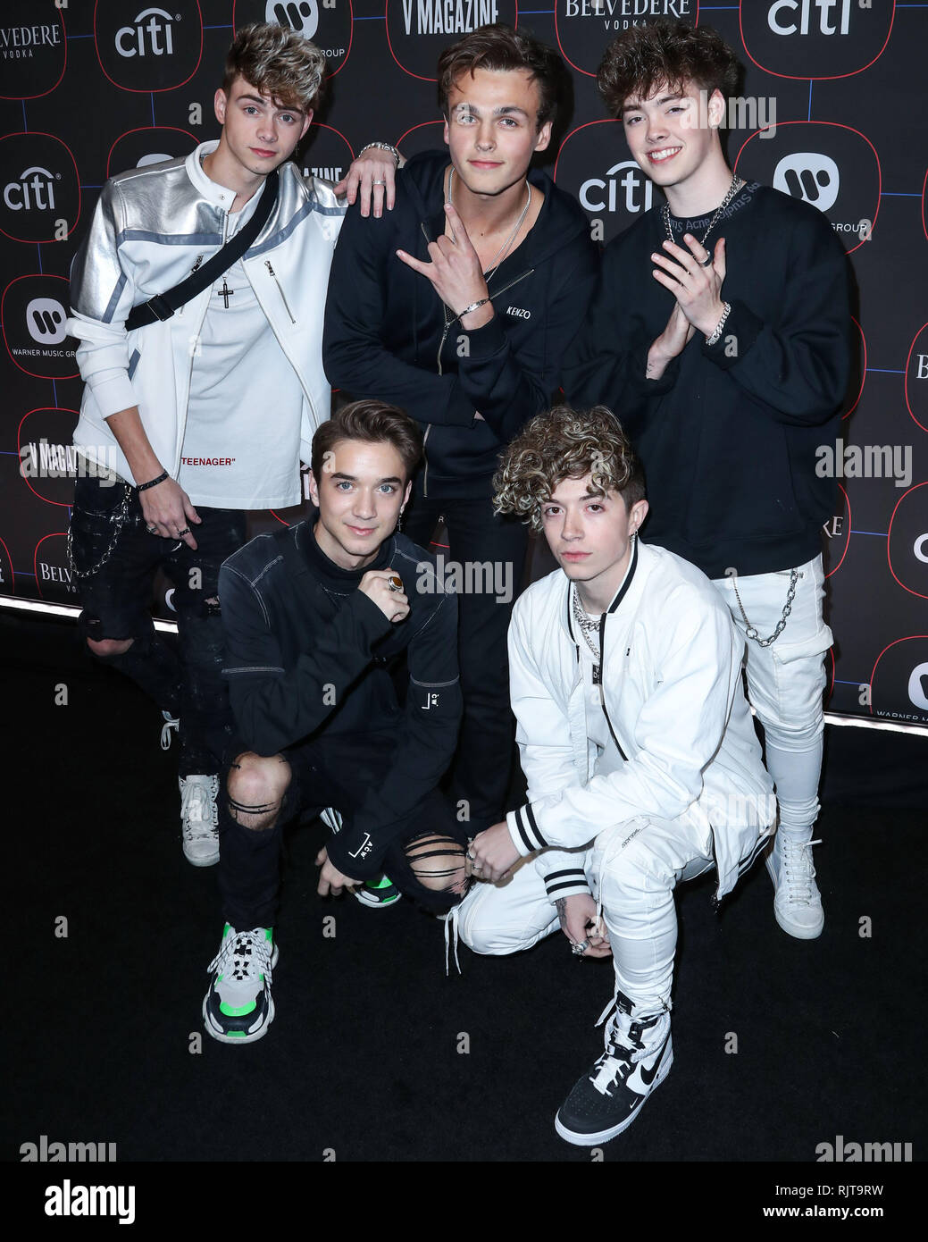 LOS ANGELES, Ca, USA - Februar 07: Daniel Seavey, Jack Avery, Corbyn Besson, Zach Herron und Jona Marais, warum tun wir uns nicht an der Warner Music Pre-Grammy Party 2019 kommen an der NoMad Hotel Los Angeles am 7. Februar 2019 in Los Angeles, Kalifornien, Vereinigte Staaten. (Foto von Xavier Collin/Image Press Agency) Stockfoto