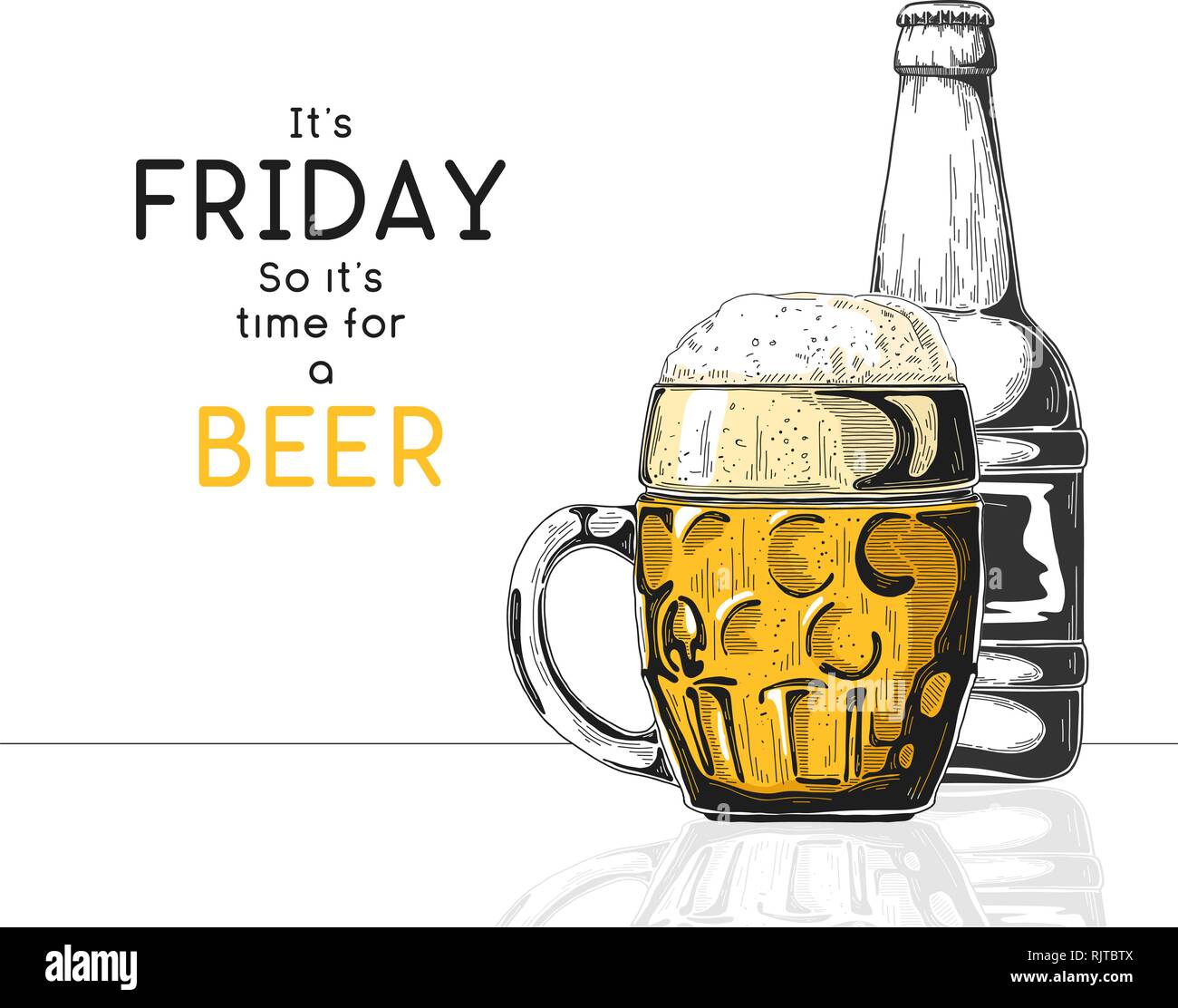 Flasche Bier. Glas mit Bier. Bildunterschrift Es ist Freitag, also ist