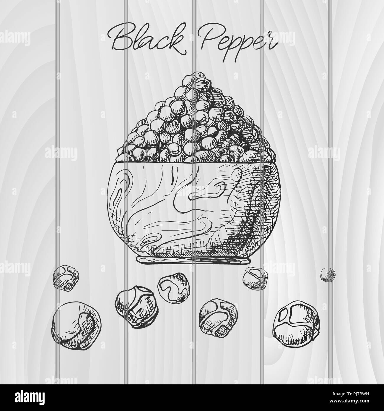 Körner schwarzen Pfeffer in eine hölzerne Schüssel. Hand Pfeffer schwarz gezeichnet. Vector Illustration einer Skizze Stil. Stock Vektor