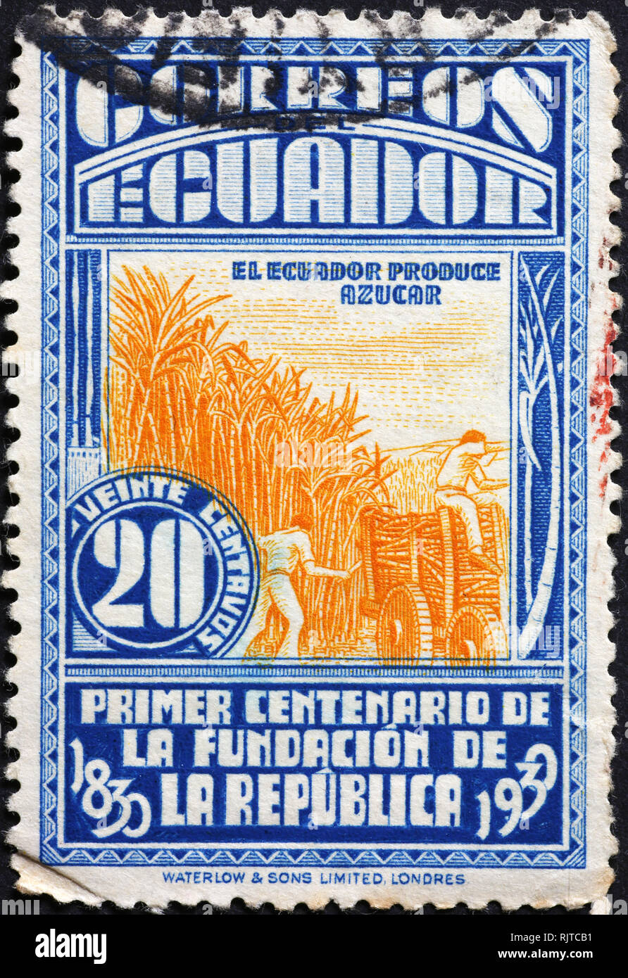 Zuckerrohr Ernte auf vintage Stempel von Ecuador Stockfoto