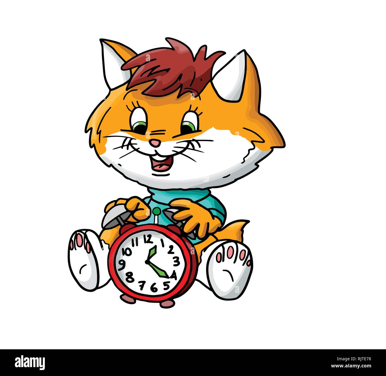 Cartoon Cat spielt mit einer Uhr Vector Illustration Stock Vektor