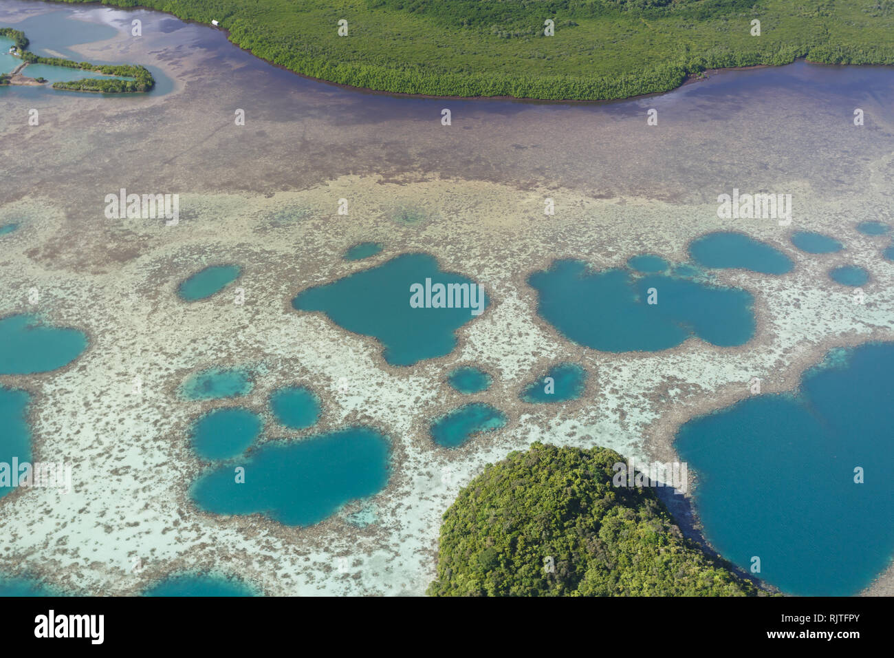 Muster der flachen Korallenriff inmitten von üppigen grünen Inseln Stockfoto