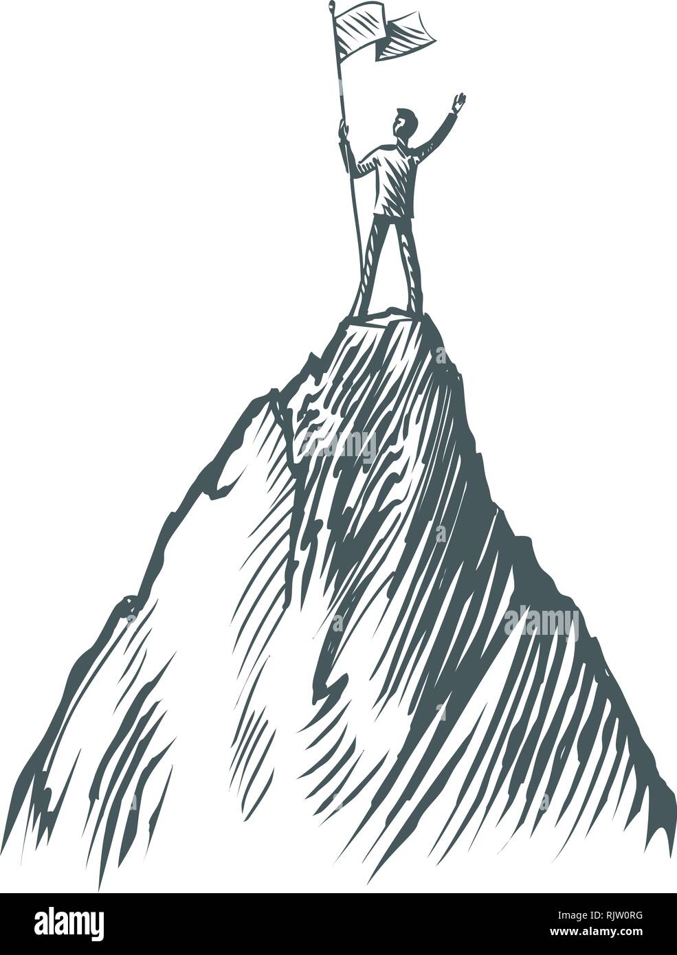 Erfolg im Geschäft, das Konzept. Unternehmer stehen mit einer Flagge auf dem Gipfel eines Berges. Skizze Vector Illustration Stock Vektor