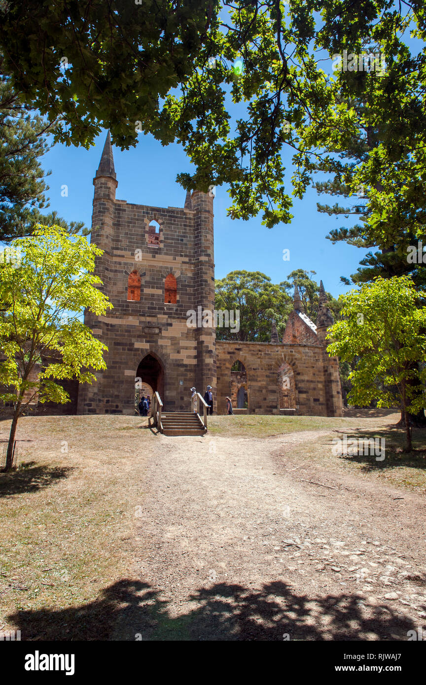 Die Kirche an die historische Stätte Port Arthur, ein ehemaliger britischer strafrechtliche Station und jetzt eine Open-air Museum. Stockfoto