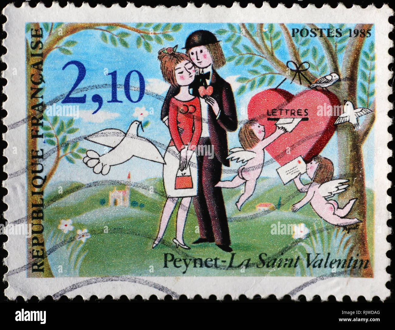 Paar Liebhaber von Peynet auf französische Briefmarke Stockfoto