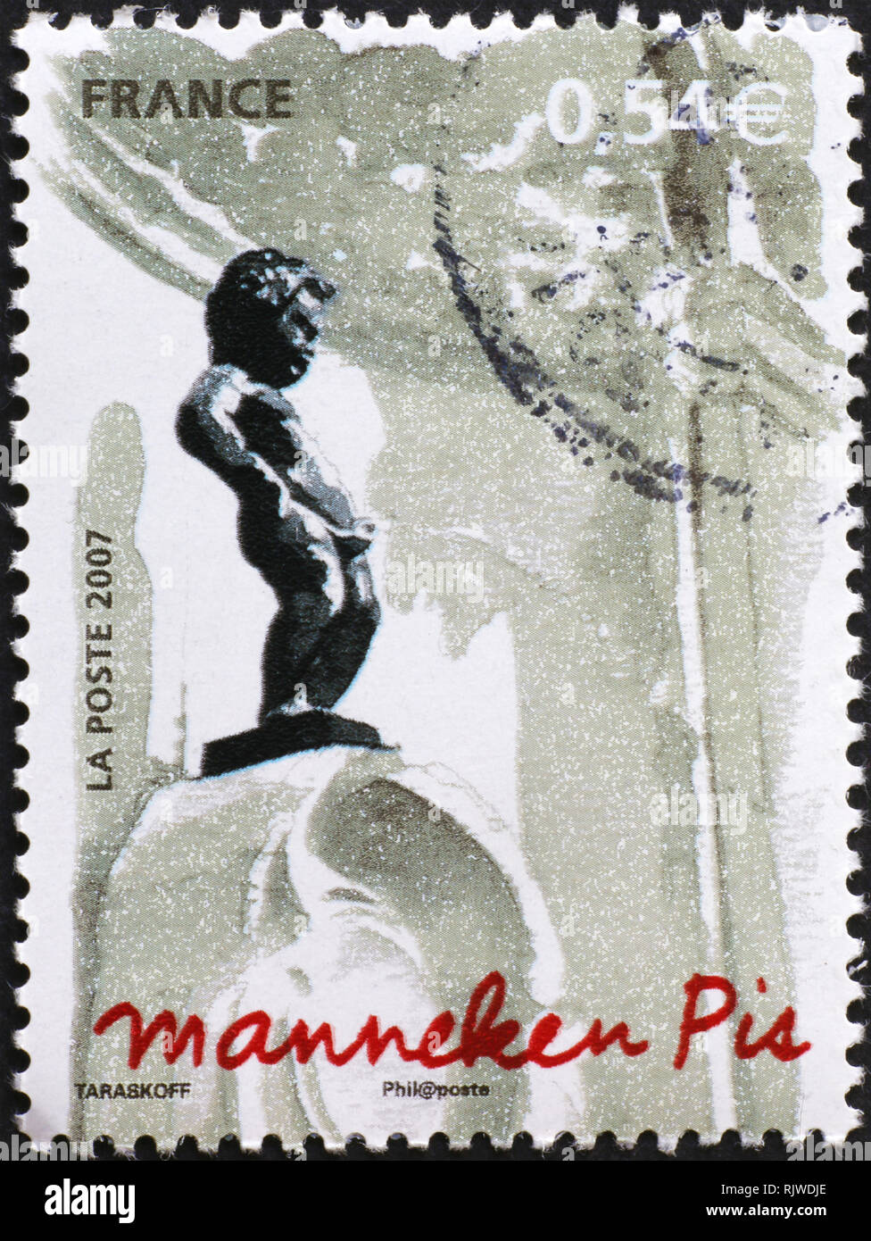 Manneken Pis in Brüssel auf Briefmarke Stockfoto
