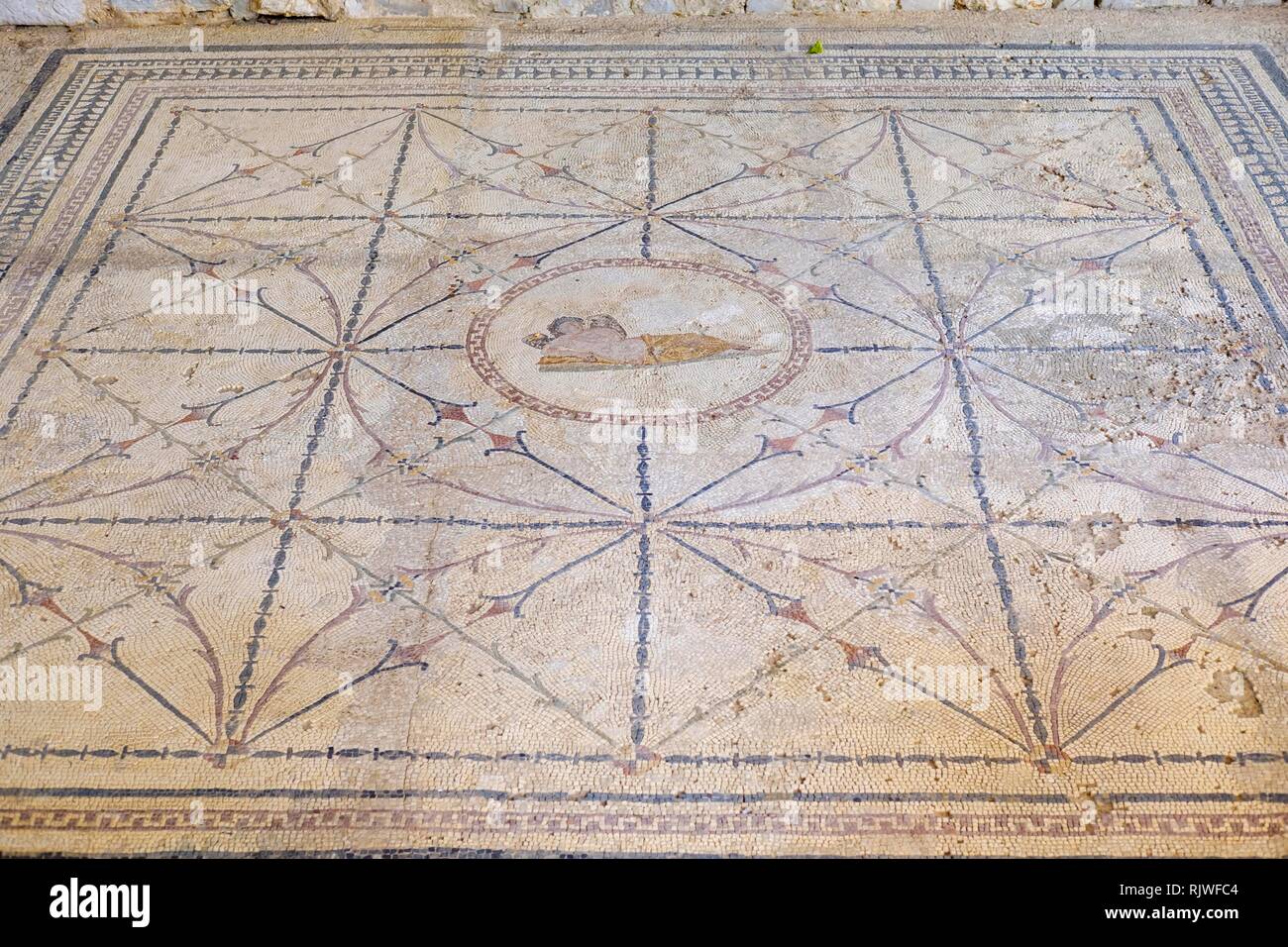 Römischen Boden Mosaik mit Gott Hypnos, Risan, Bucht von Kotor, Provinz Kotor, Montenegro Stockfoto