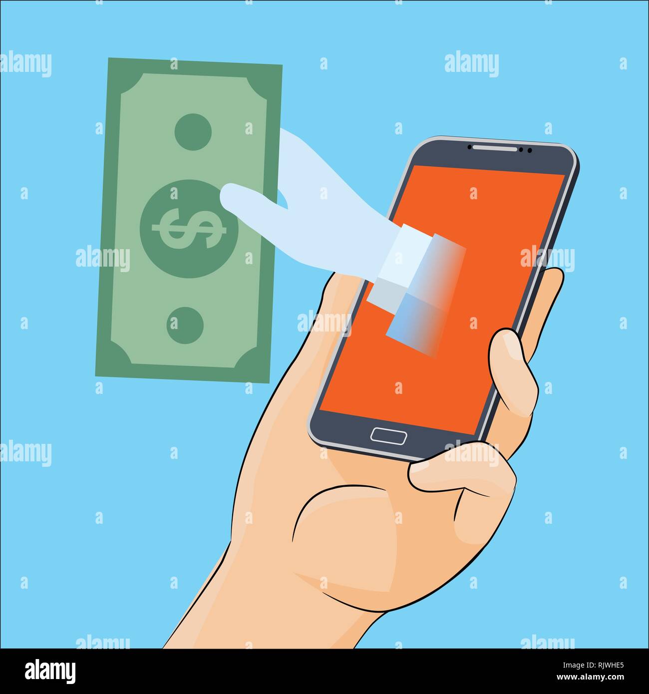 Hand Geld vom Bildschirm des Smartphones, für die Unternehmen, Web Banner, Websites Design, Online bitcoin Zahlung Konzept. Vector Illustration. Vektor Illustra Stock Vektor