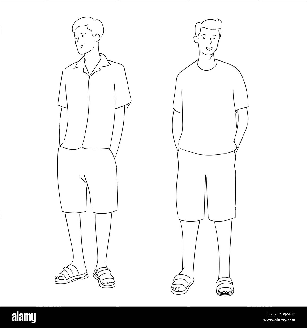Stehende Männer für den Sommer mode Stil, Firma und Kollegen stehen mit selbstbewussten Ausdruck. Hand vectior Abbildung gezeichnet Stock Vektor