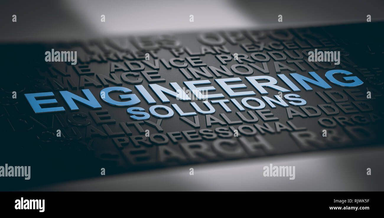 3D-Abbildung: Word cloud mit Fokus auf den Text Engineering Solutions. Blauen und schwarzen Hintergrund. Stockfoto