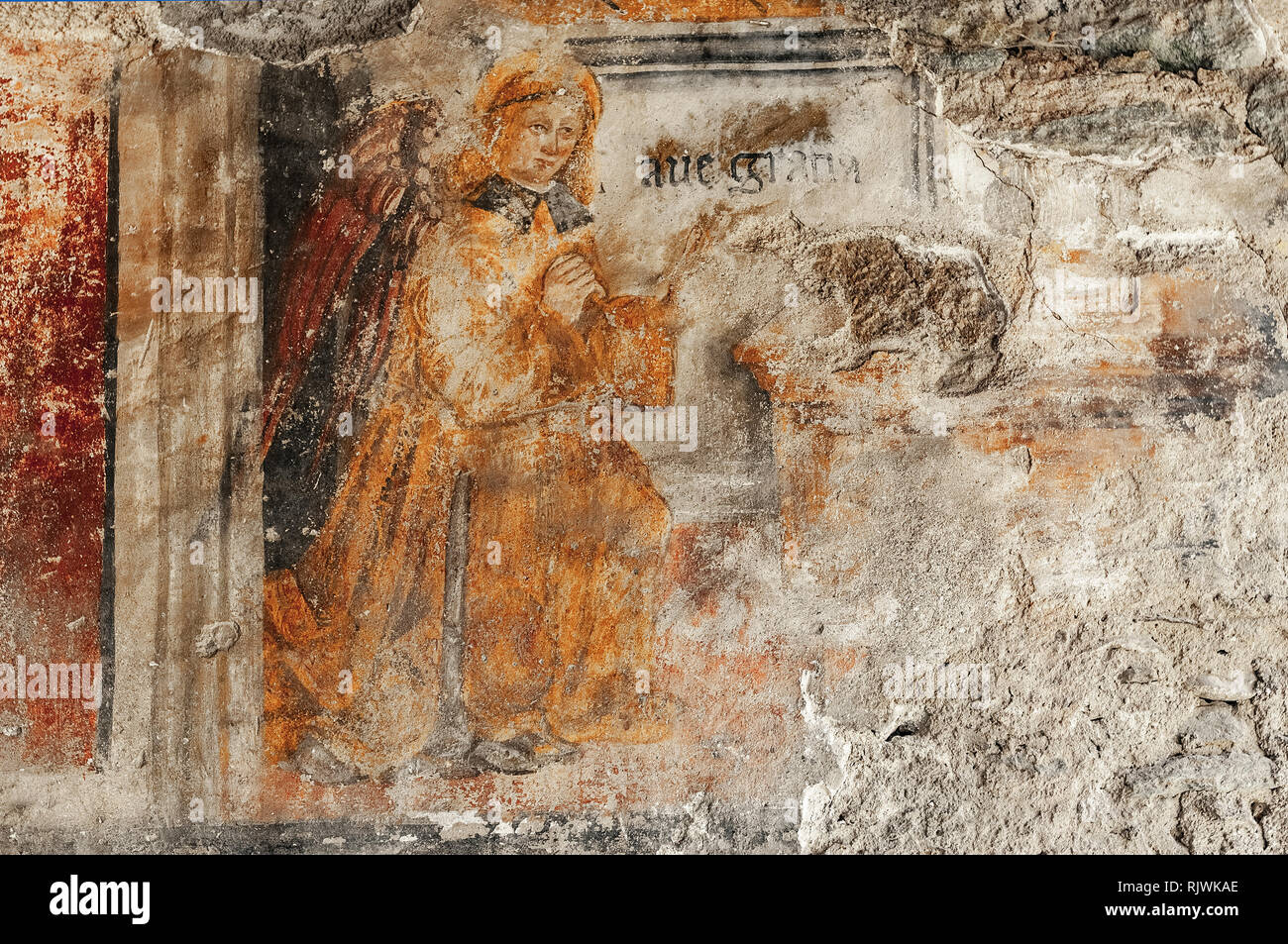 Italien Valle d'Aosta Fort Haus Piovil - Fresco-Verkündigung Stockfoto