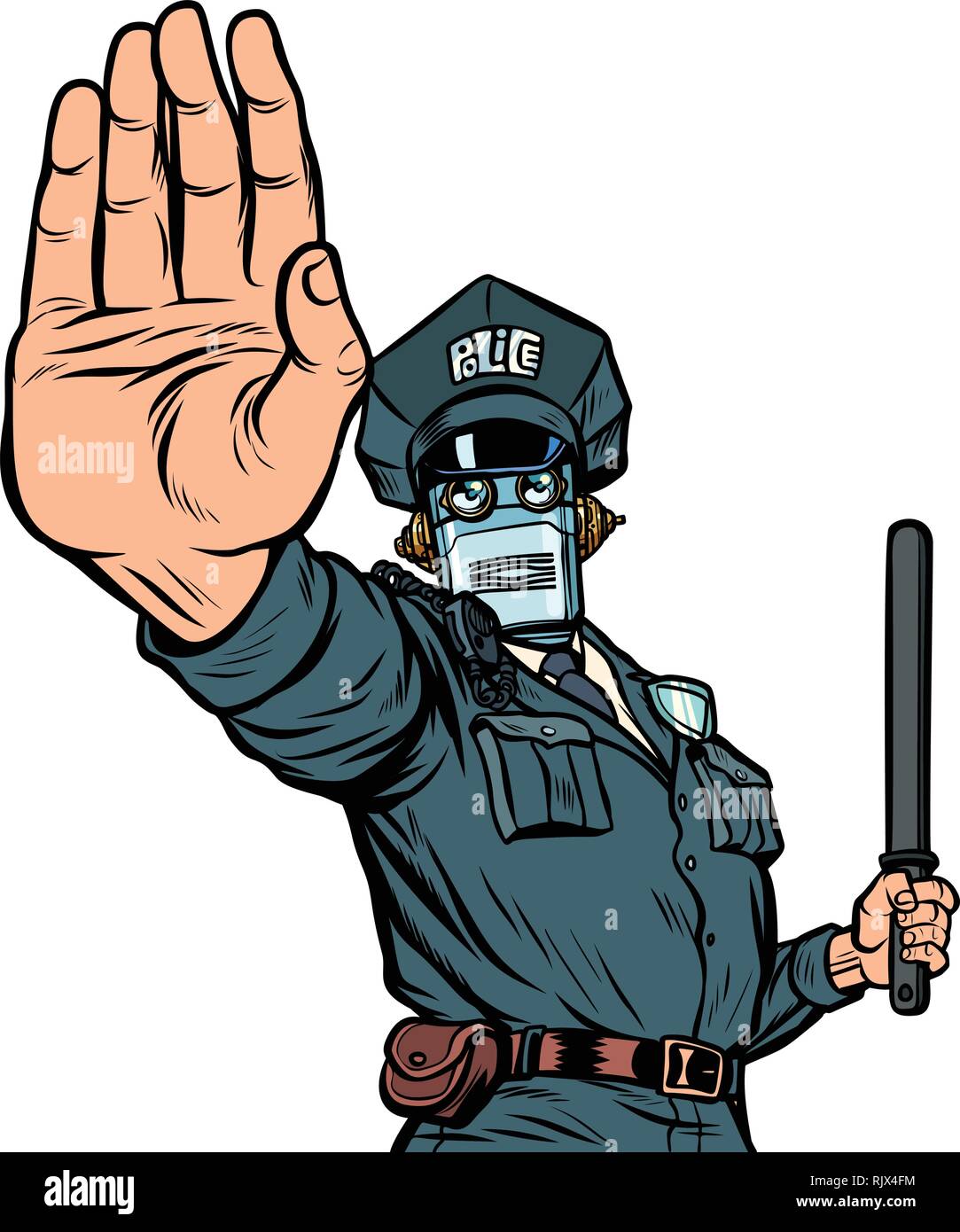 Die hand Geste. Roboter Polizist. Auf weissem Hintergrund isolieren Stock Vektor