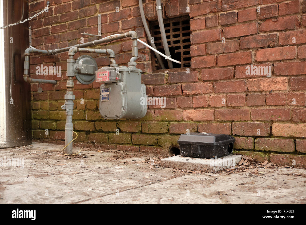 Große Schwarze Ratte oder Maus Trap Trap Kästchen neben einem gaszähler in einer Stadt oder in der Stadt Gasse in Montgomery, Alabama, USA. Stockfoto