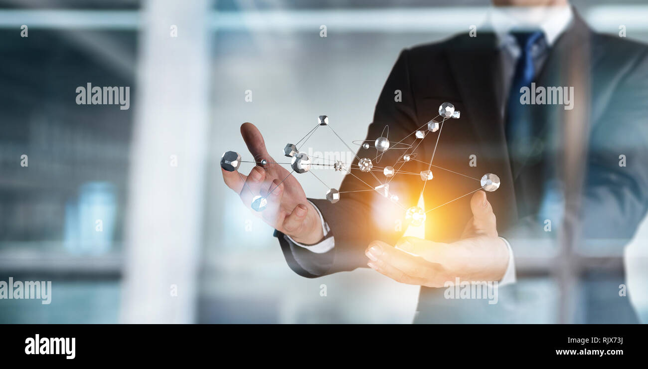 In der Nähe des Geschäftsmannes in Palm soziale Verbindung Konzept. 3D-Rendering Stockfoto