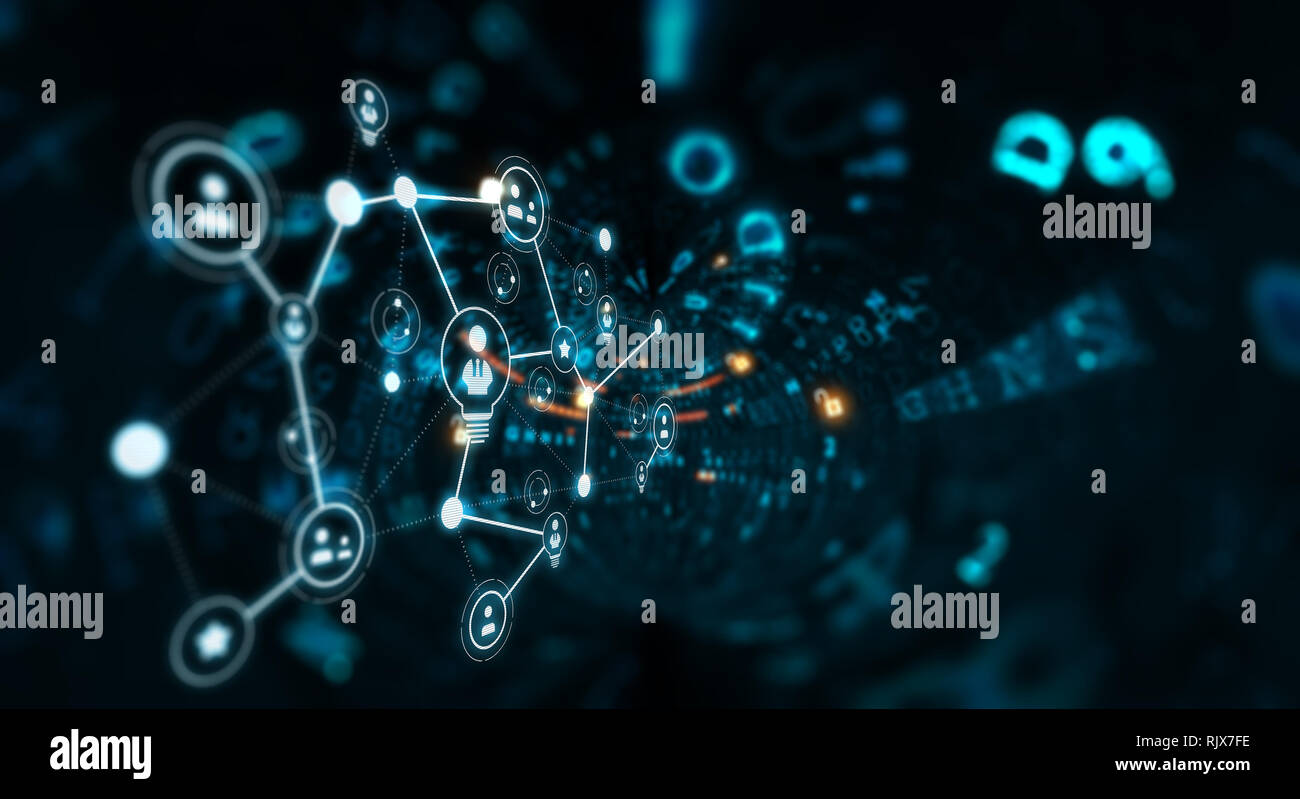 Konzept der sozialen Verbindung mit Net auf dunklem Hintergrund. 3D-Rendering Stockfoto
