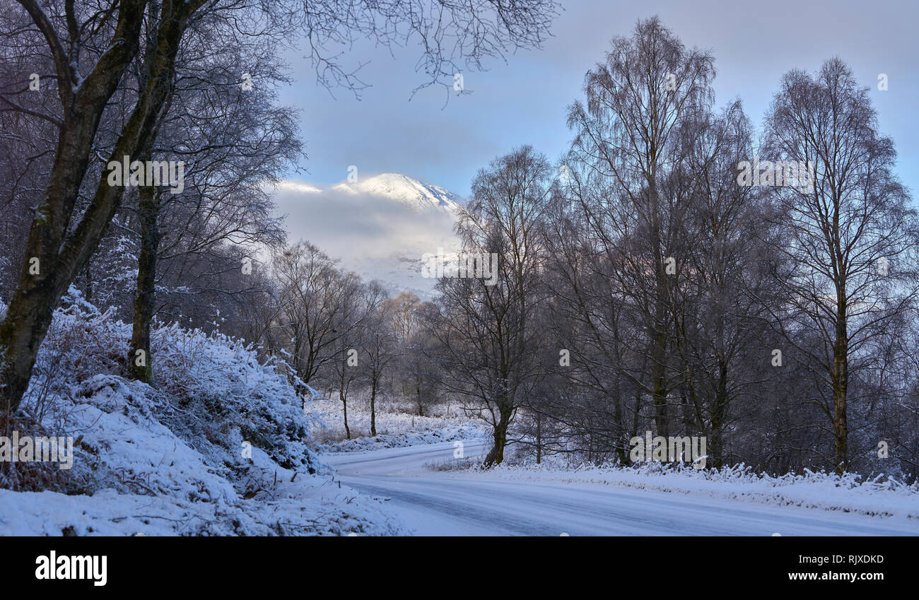 Ansicht des Ben Venue in die Trossachs auf einem klaren Wintertag. Stockfoto