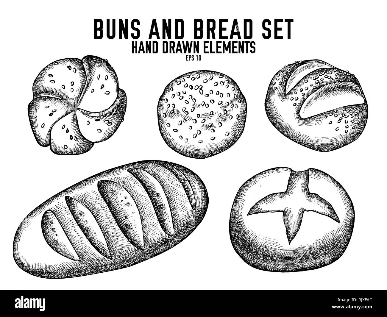Vektor Sammlung von Hand gezeichnet schwarze und weiße Brötchen und Brot Stock Vektor