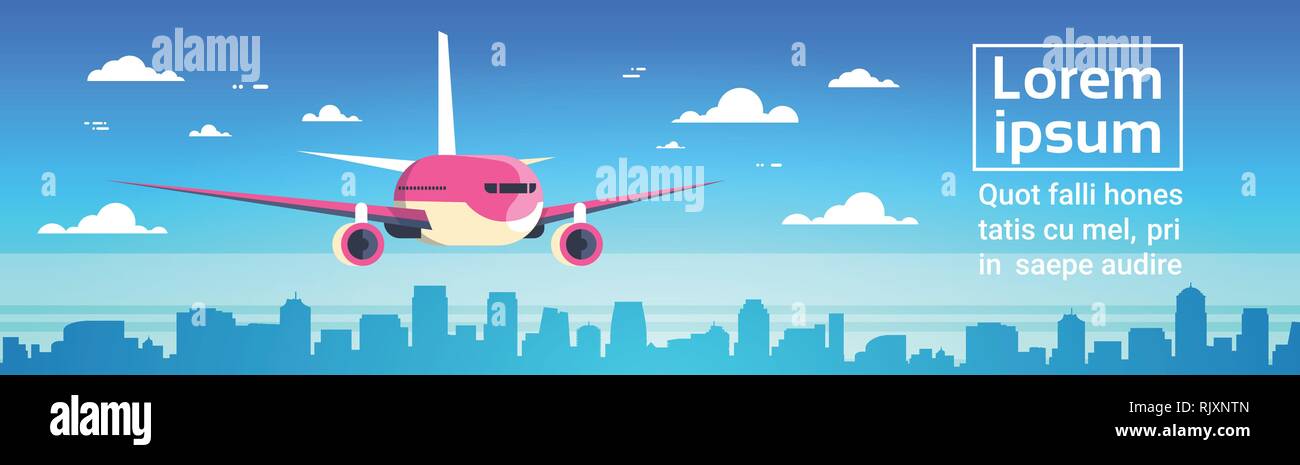 Flugzeug Fliegen über Wolkenkratzer Ebene im Himmel Skyline Skyline Hintergrund mit Kopie Raum horizontale Banner Stock Vektor