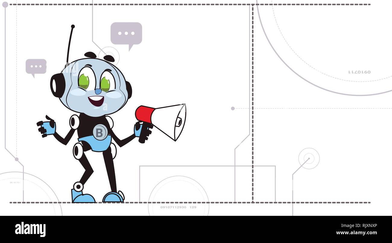 Chatbot halten Megaphon Roboter Technologie nette Chatter Chatacter virtuelle Hilfe Konzept Stock Vektor