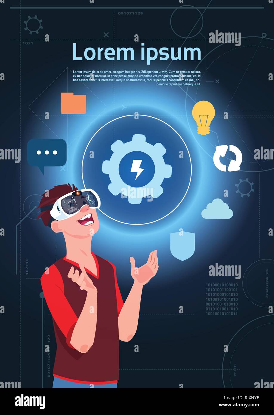 Virtuelle Realität Konzept Mann mit Vr-Headset Gläser berühren Digital Business Icons Stock Vektor