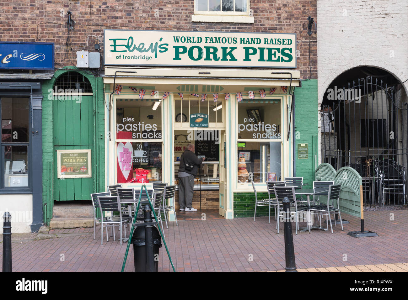 Eley's Pork Pie Shop in Ironbridge, Telford, Shropshire Stockfoto