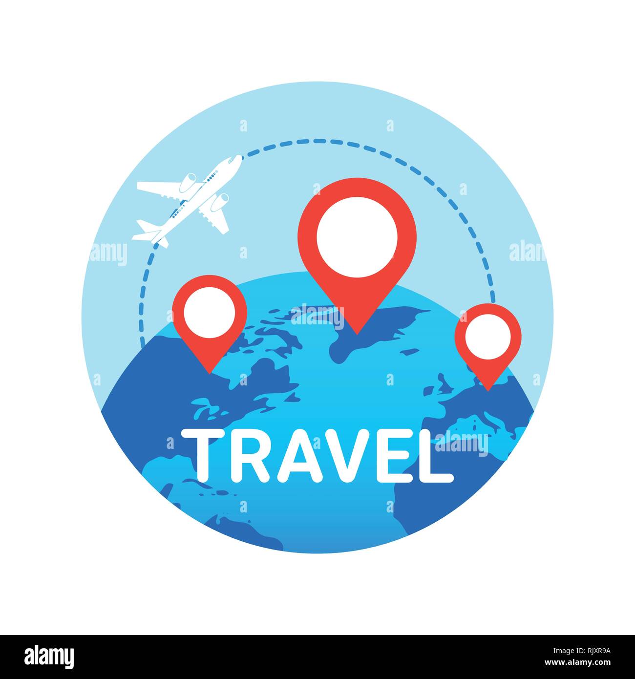 Reisen Symbol isoliert Flugzeug über Weltkugel mit Karte Zeiger Fliegen Stock Vektor