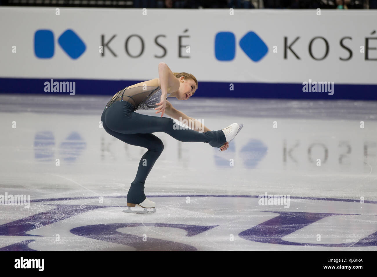 Belarus, Minsk, Ice Arena, 25. Januar 2019. Europameisterschaften. Serbische Eiskunstläuferin Antonina Dubinina führt kostenloses Programm Stockfoto