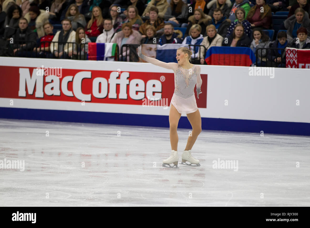 Belarus, Minsk, Ice Arena, 25. Januar 2019. Europameisterschaften. Slowakische Eiskunstläuferin Dasha Grm führt kostenloses Programm Stockfoto