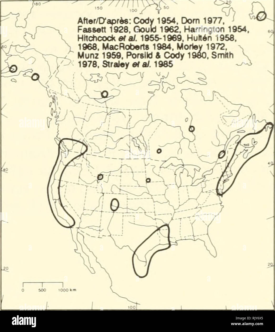 . Atlas der seltenen Pflanzen von Ontario. Seltene Pflanzen, Botanik. Z^19^^ Aflor/Capr * Â": Cody 1954, Dom • Fassen 1928. Gould 1962. 1954 Harringlon mchcoCkelaJ. HullÃ© 1955-1969, n 1958. 1968. Moriey MacRobens 1984, 1972, s Munz 1959, Porslld&amp; Cody 1980, Smith 1978. Stratey ef a/. 19 S5-^^ Habitat: Sandige Lagune in Ontario. Tolerant von Süß- und Brackwasser; im nordöstlichen Nordamerika es meistens tritt in der Gezeitenzone Wattenmeer der Ästuare, oder in Schlamm oder nassem Sand der zurückweichenden Teich rändern, wo es Moss bilden können - wie Tufts. STATUS: Selten in British Columbia, Neufundland, N Stockfoto