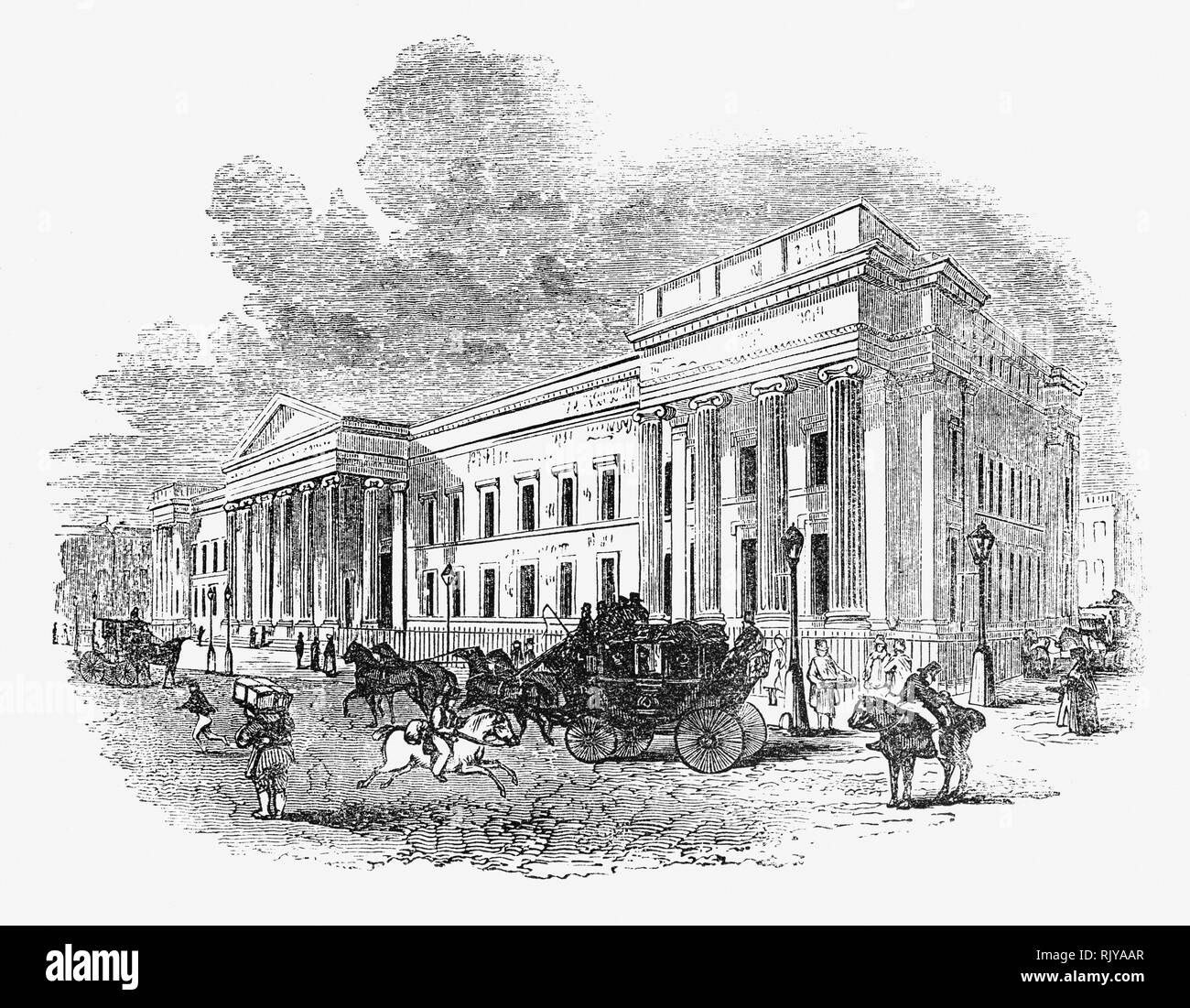 Das General Post Office auf der östlichen Seite von St. Martin's Le Grand in der City von London zwischen 1825 und 1829 gebaut, nach den Entwürfen von Robert Smirke, war der Main Post Office für London zwischen 1829 und 1910, der Sitz des General Post Office des Vereinigten Königreichs von Großbritannien und Irland und England's erste Zweck gebauten Post. Es wurde 1912 abgerissen. Stockfoto