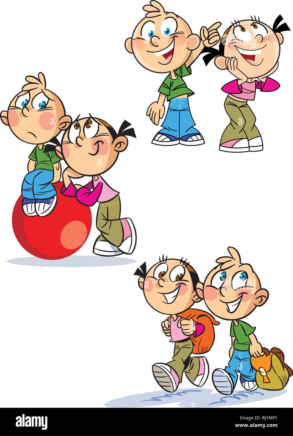 Die Abbildung zeigt ein Junge und ein Mädchen in verschiedenen Situationen und verschiedenen Emotionen. Isoliert auf weißem Hintergrund Stock Vektor