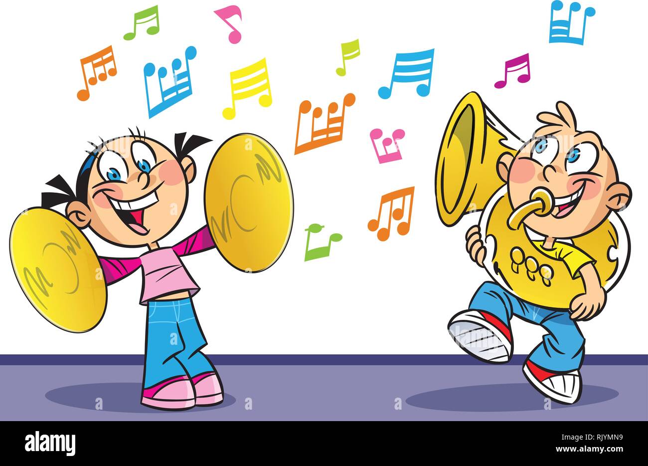 Die folgende Abbildung zeigt cartoon Junge und Mädchen, Musikinstrumente spielen. Abbildung auf separaten Ebenen getan. Stock Vektor