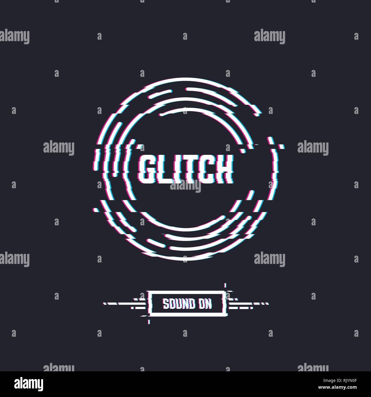 Glitch Kreise mit Text, Stereo Effekt und Verzerrung. Emblem der Schallplatte oder CD-Kreis. DJ oder Retro Party mit Musik. Music Label Logo. Trendy gl Stock Vektor